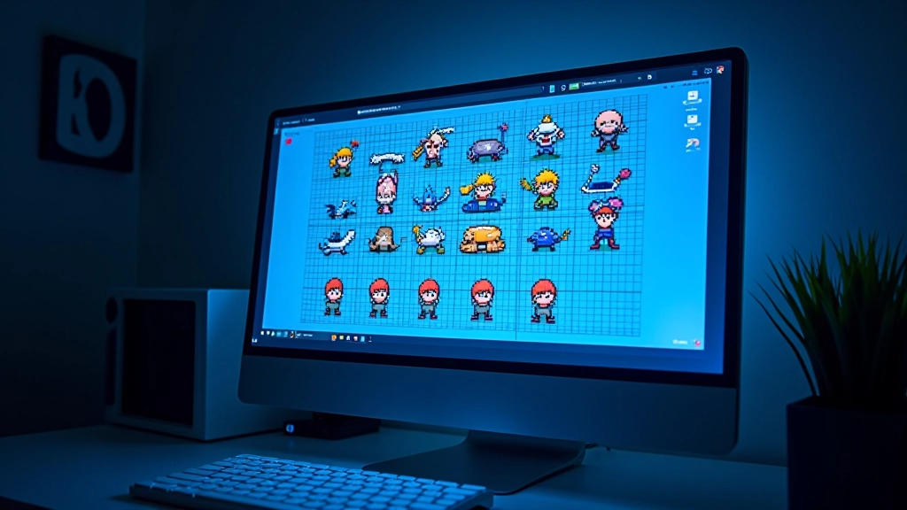 Retro pixel art grid showing character sprite sheet with different animation frames
